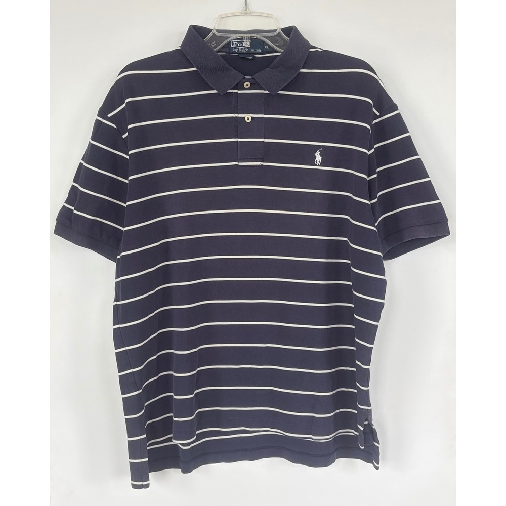 Polo Ralph Lauren Mens XL Navy Blue White Striped Short Sleeve Cotton Polo Shirt
